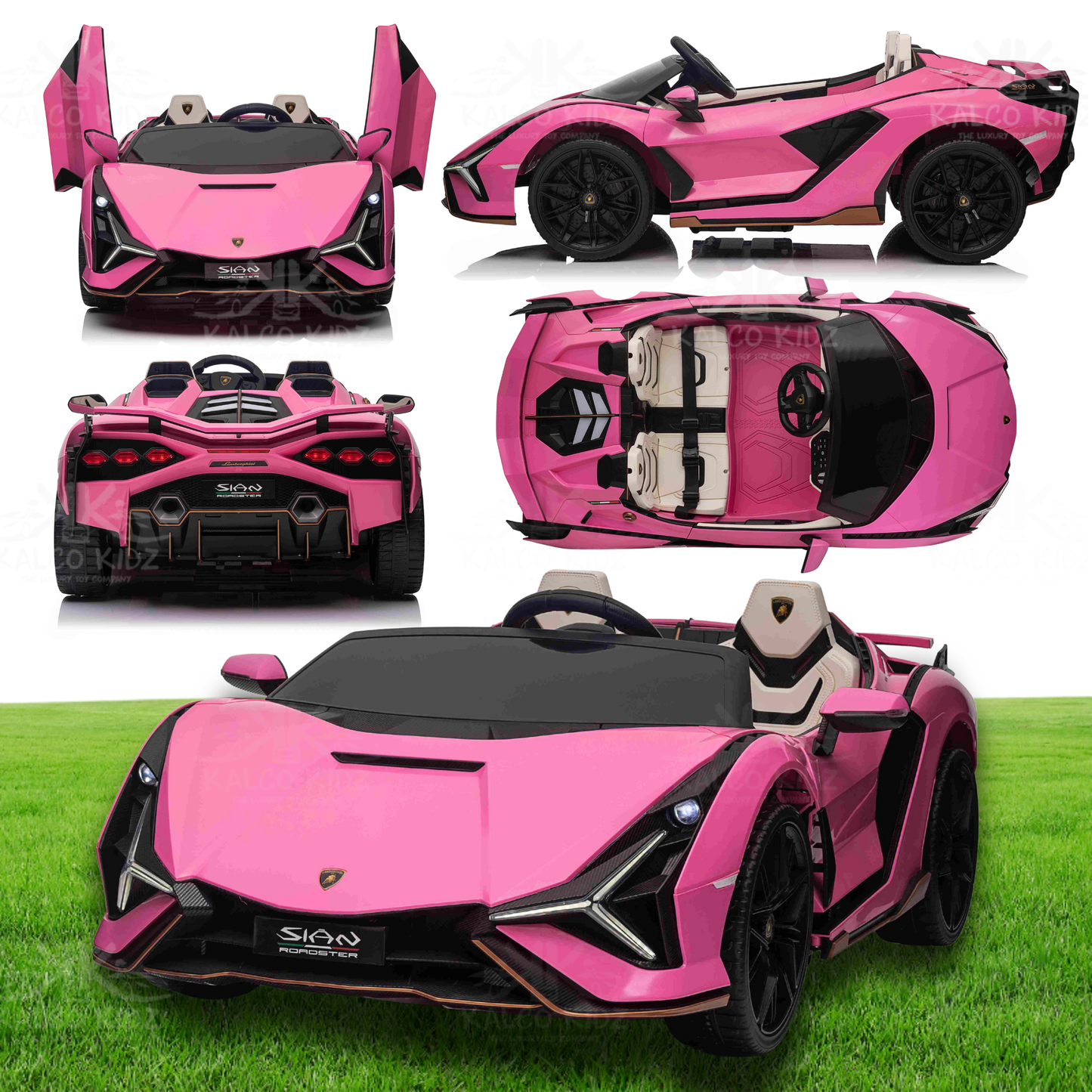 Collage of a pink toy car with black accents on a grassy background