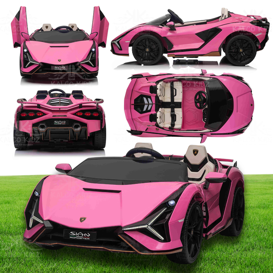 Collage of a pink toy car with black accents on a grassy background