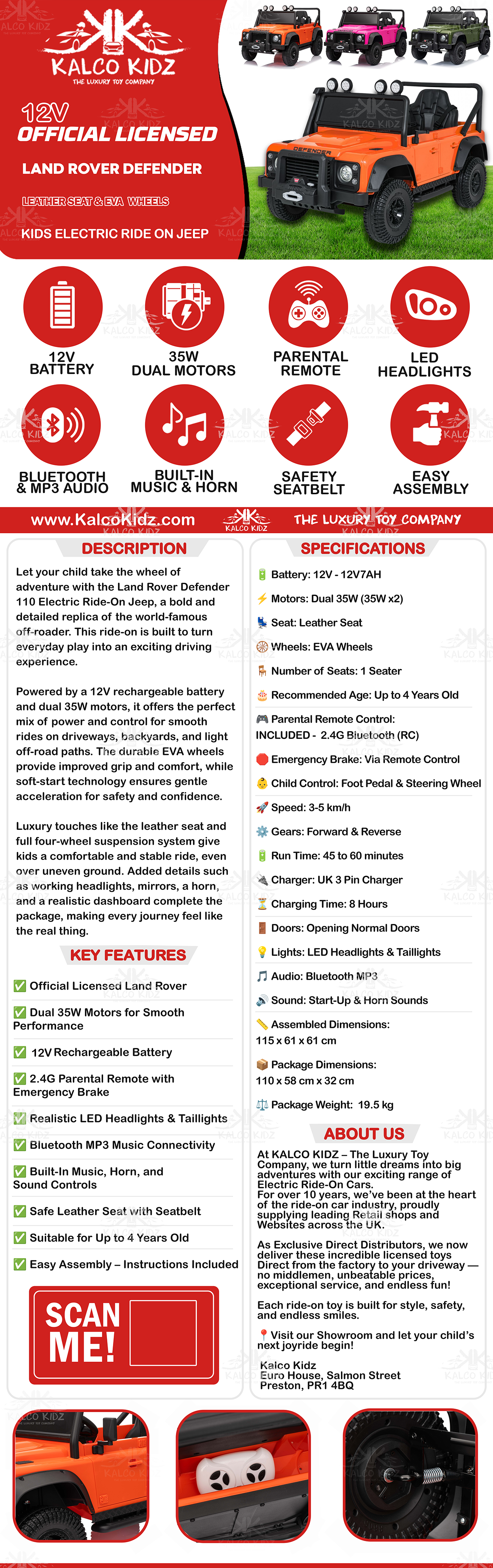 LAND ROVER DEFENDER - Green | 12V | Leather Seat | EVA Wheels | RC