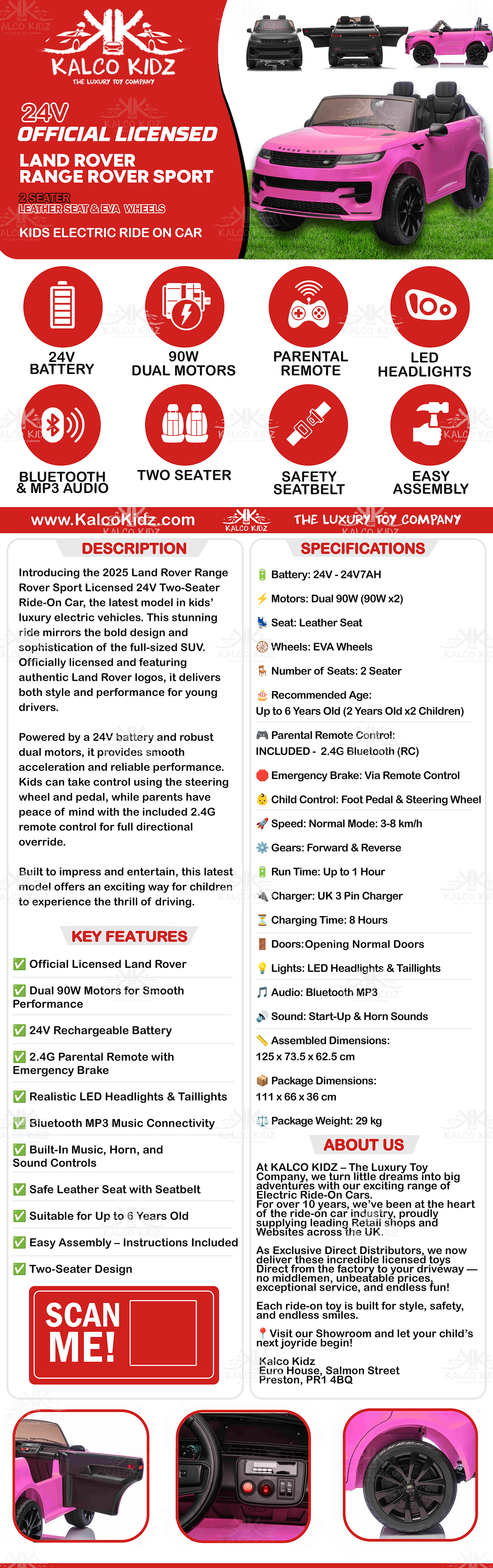 RANGE ROVER SPORT - Pink | 24V | 2 Seater | Leather Seat | EVA Wheels | RC