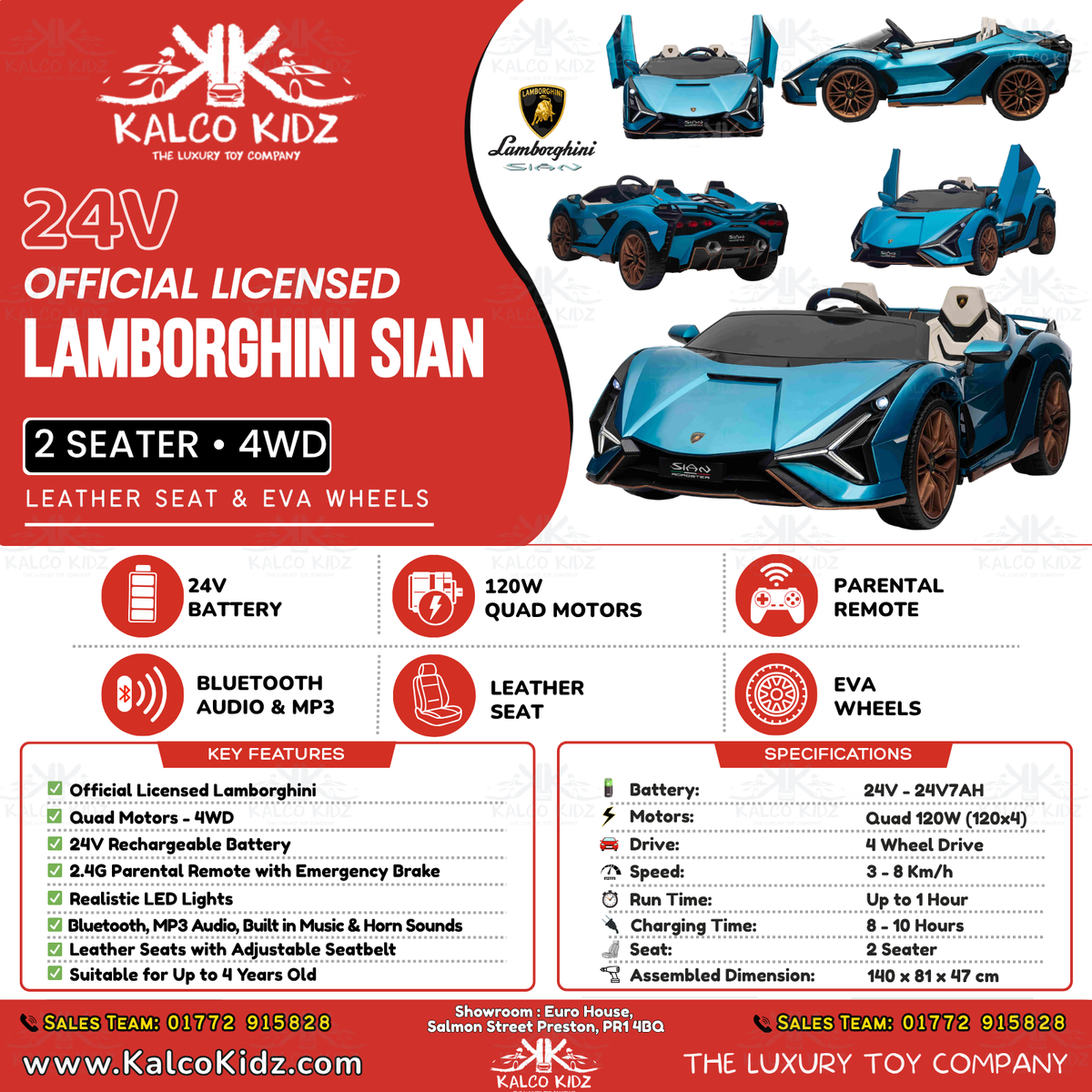 LAMBORGHINI SIAN - Blue | 24V | 2 Seater | Leather Seat | EVA Wheels