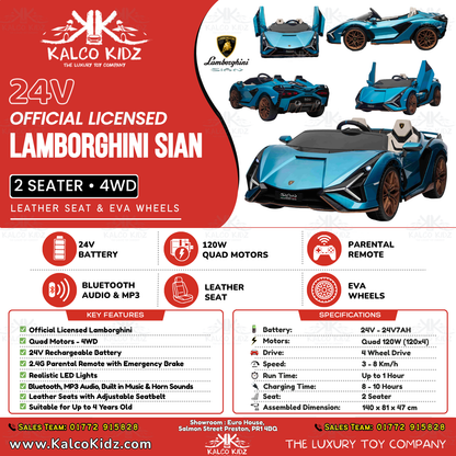 LAMBORGHINI SIAN - Blue | 24V | 2 Seater | Leather Seat | EVA Wheels
