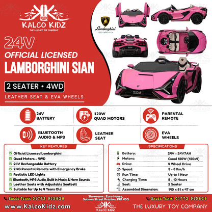 LAMBORGHINI SIAN - Pink | 24V | 2 Seater | Leather Seat | EVA Wheels
