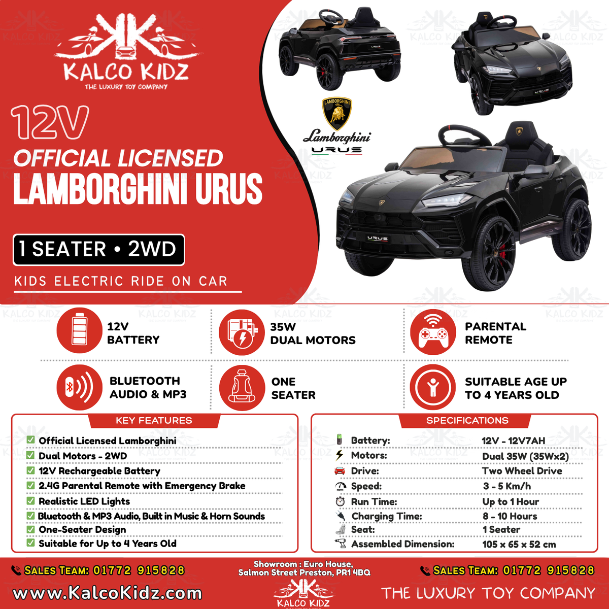 LAMBORGHINI URUS - Black | 12V | Bluetooth Audio | Parental RC