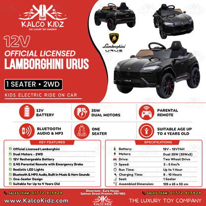 LAMBORGHINI URUS - Black | 12V | Bluetooth Audio | Parental RC