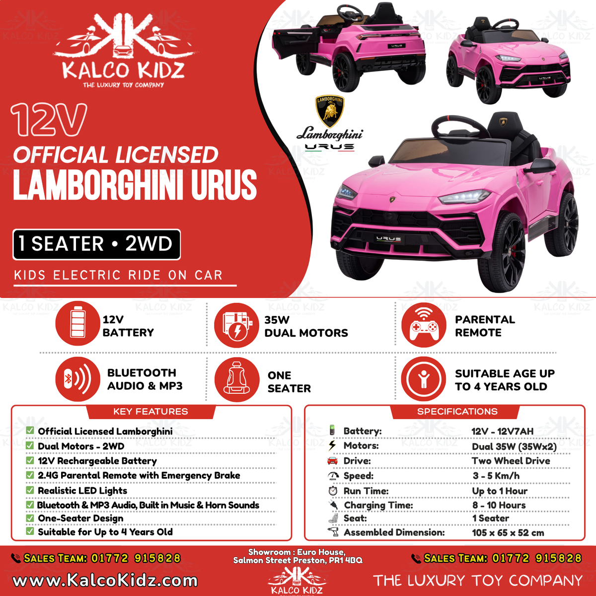 LAMBORGHINI URUS - Pink | 12V | Bluetooth Audio | Parental RC