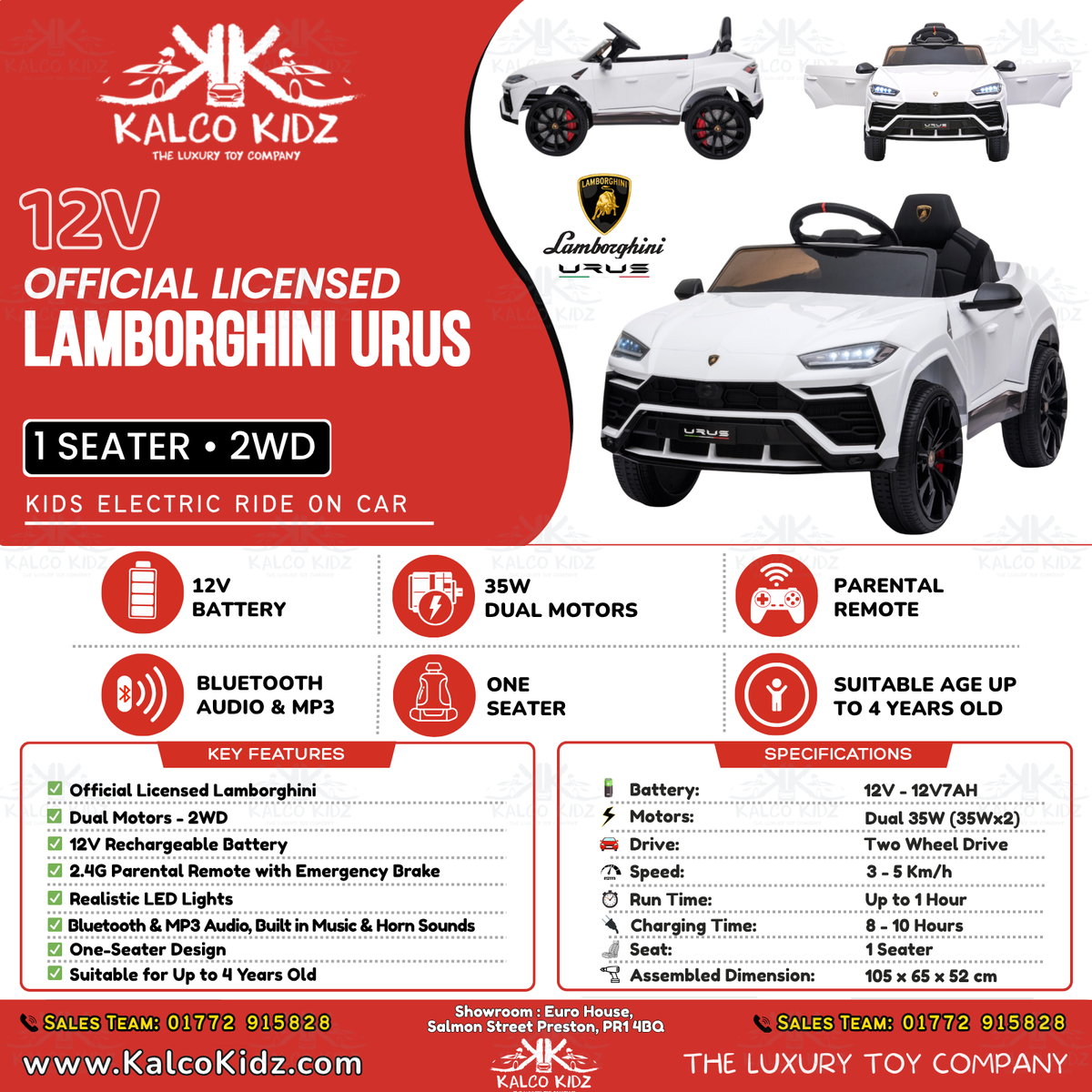 LAMBORGHINI URUS - White | 12V | Bluetooth Audio | Parental RC