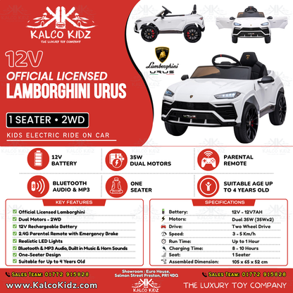 LAMBORGHINI URUS - White | 12V | Bluetooth Audio | Parental RC