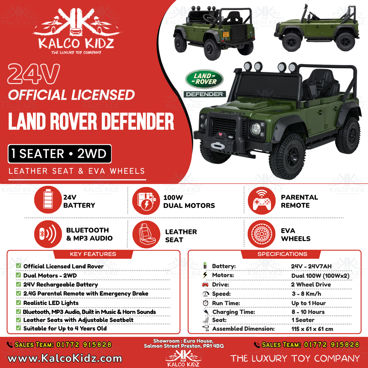 LAND ROVER DEFENDER - Green | 24V | Leather Seat | EVA Wheels | RC