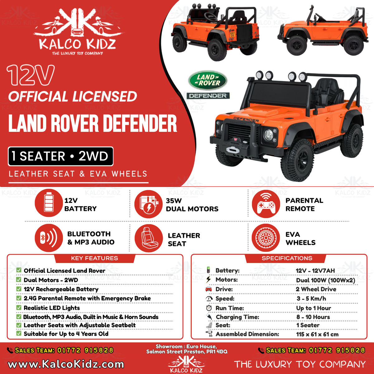 LAND ROVER DEFENDER - Orange | 12V | Leather Seat | EVA Wheels | RC