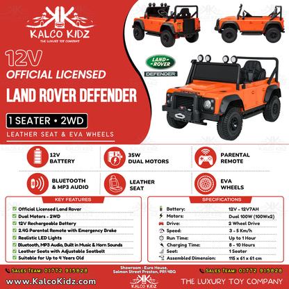 LAND ROVER DEFENDER - Orange | 12V | Leather Seat | EVA Wheels | RC