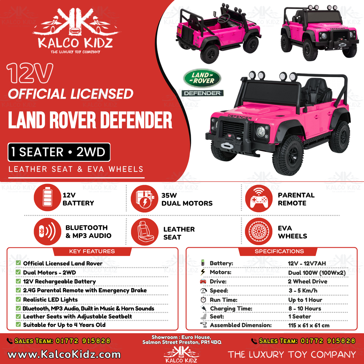 LAND ROVER DEFENDER - Pink | 12V | Leather Seat | EVA Wheels | RC