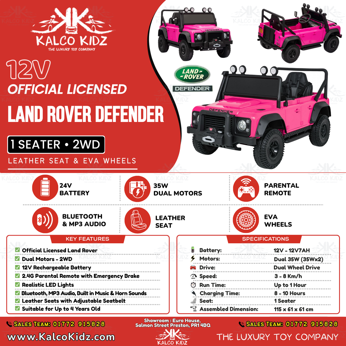 LAND ROVER DEFENDER - Pink | 12V | Leather Seat | EVA Wheels | RC