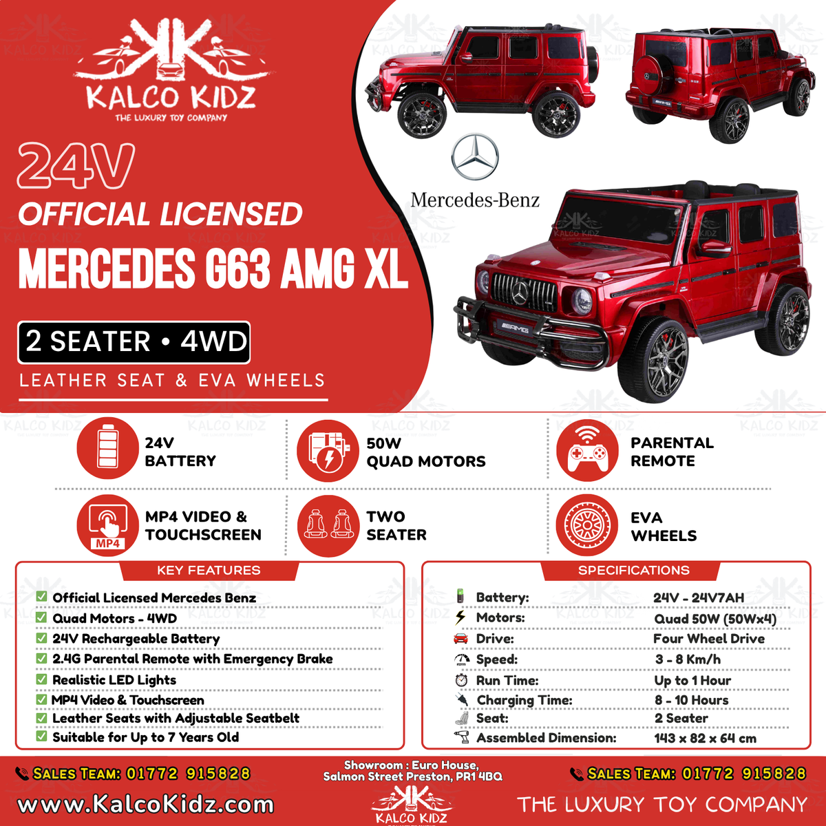 MERCEDES G63 AMG - Metallic Red | 24V | 2 Seater | MP4 | Leather Seat | EVA Wheels | RC