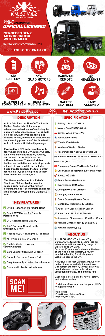 MERCEDES ACTROS TRUCK -  White | 24V | MP4 | Leather Seat | EVA Wheels | RC