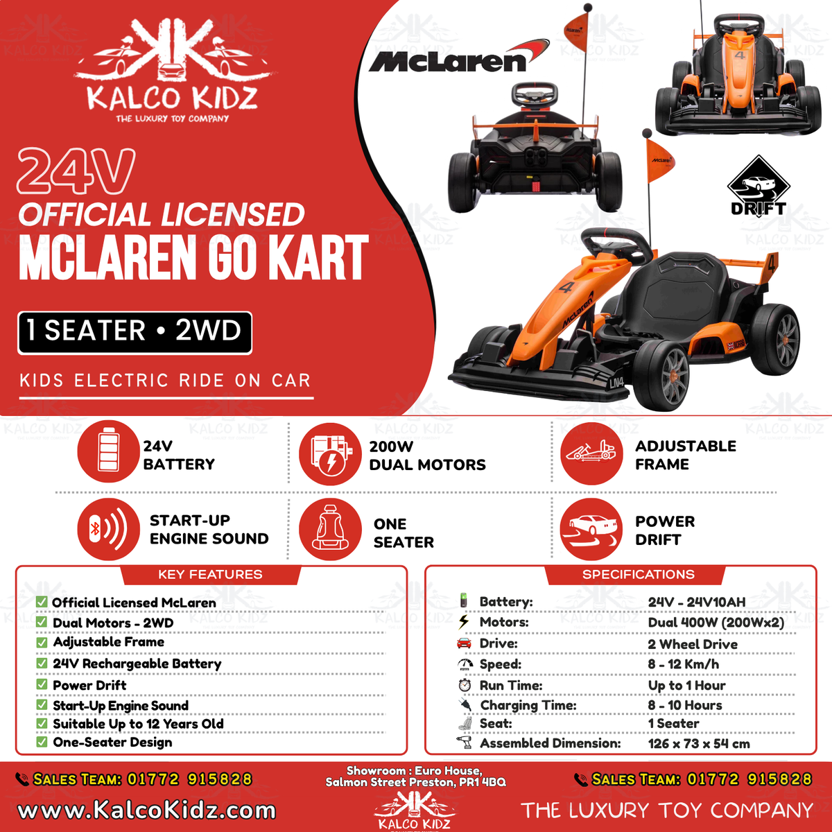 Mclaren Drift GO Kart - Orange | 24V | Adjustable Seat