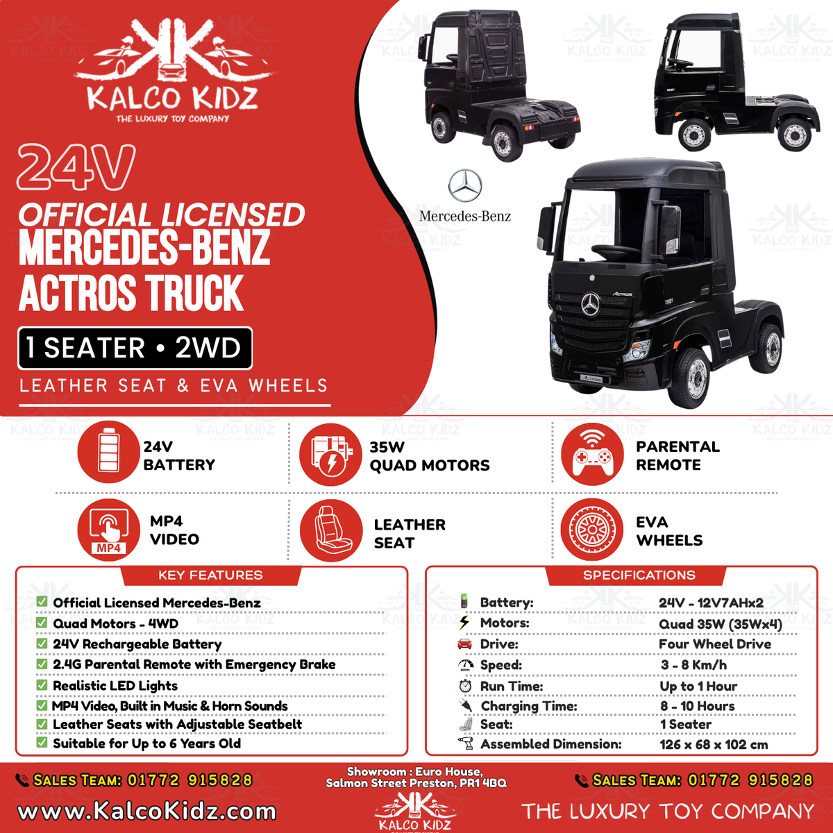 MERCEDES ACTROS TRUCK -  Black | 24V | MP4 | Leather Seat | EVA Wheels | RC