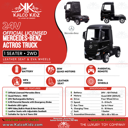 MERCEDES ACTROS TRUCK -  Black | 24V | MP4 | Leather Seat | EVA Wheels | RC