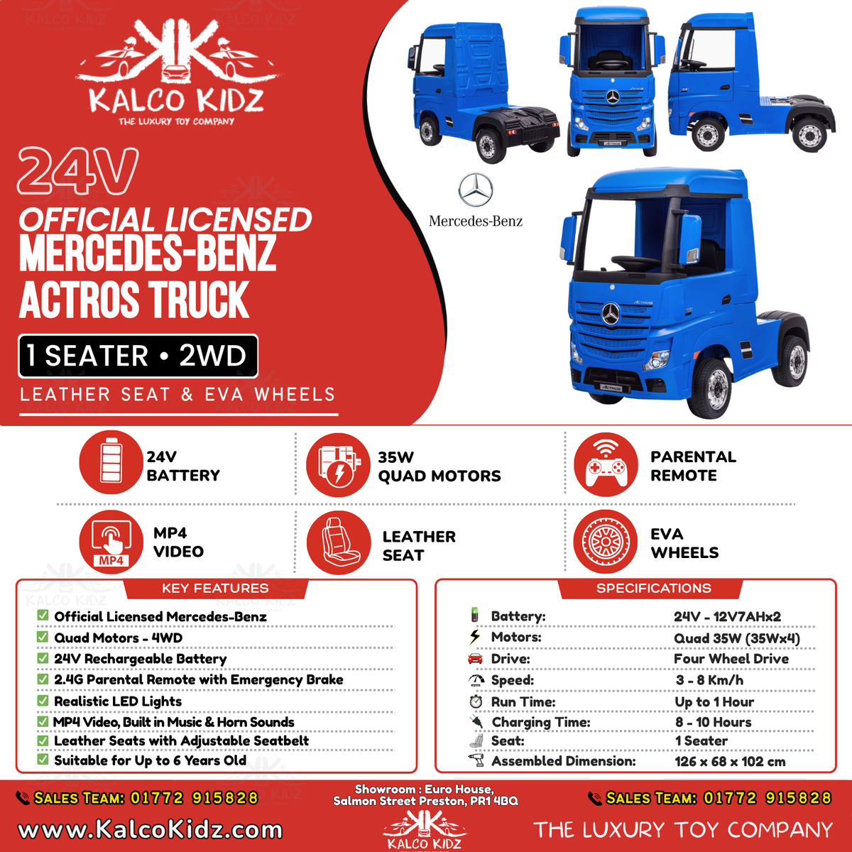 MERCEDES ACTROS TRUCK -  Blue | 24V | MP4 | Leather Seat | EVA Wheels | RC