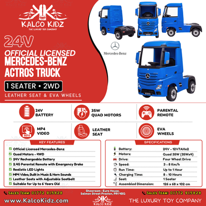 MERCEDES ACTROS TRUCK -  Blue | 24V | MP4 | Leather Seat | EVA Wheels | RC
