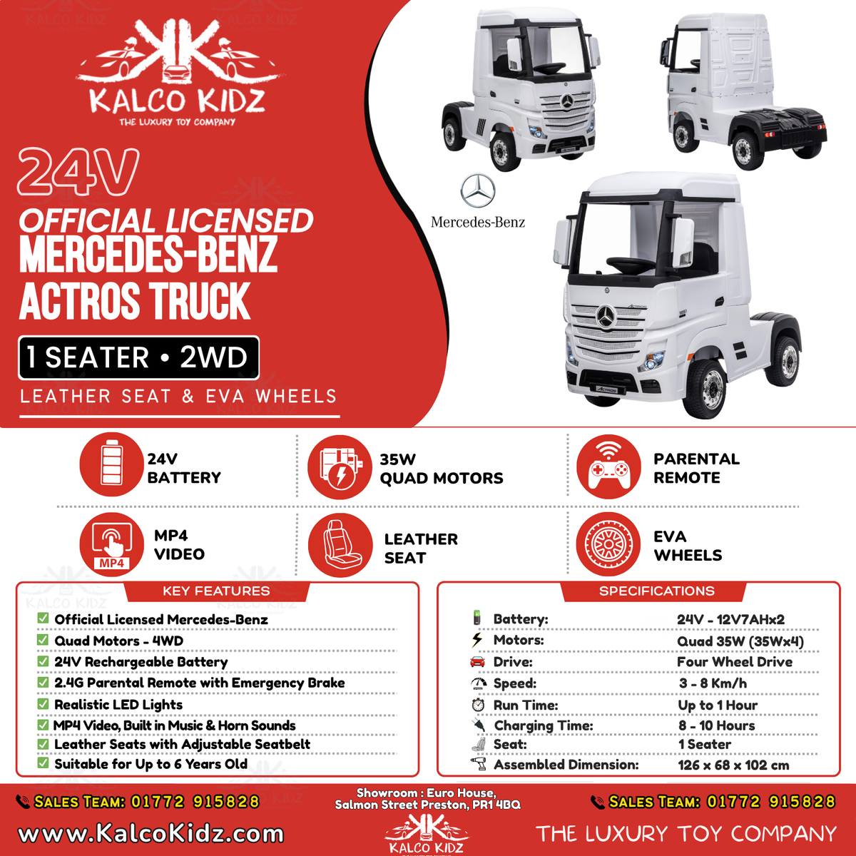 MERCEDES ACTROS TRUCK -  White | 24V | MP4 | Leather Seat | EVA Wheels | RC