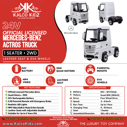 MERCEDES ACTROS TRUCK -  White | 24V | MP4 | Leather Seat | EVA Wheels | RC