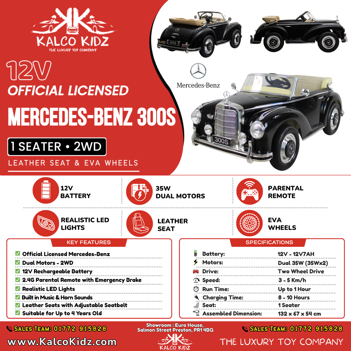 MERCED-BENZ 300S - Black | 12V | Leather Seat | EVA Wheels | RC