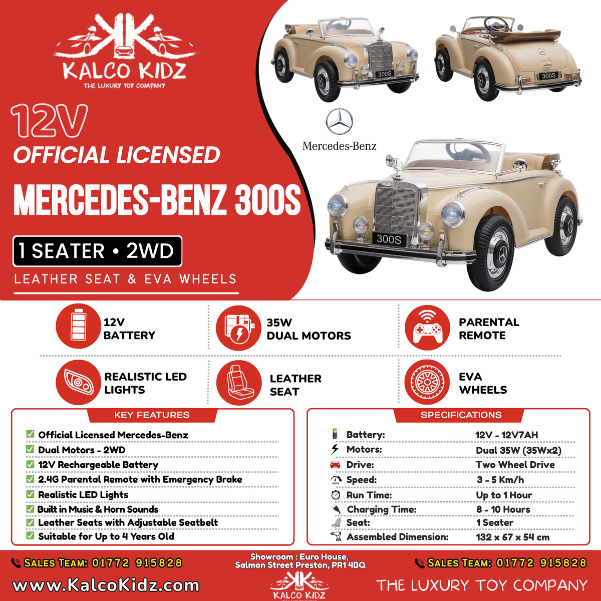 MERCED-BENZ 300S - Cream | 12V | Leather Seat | EVA Wheels | RC