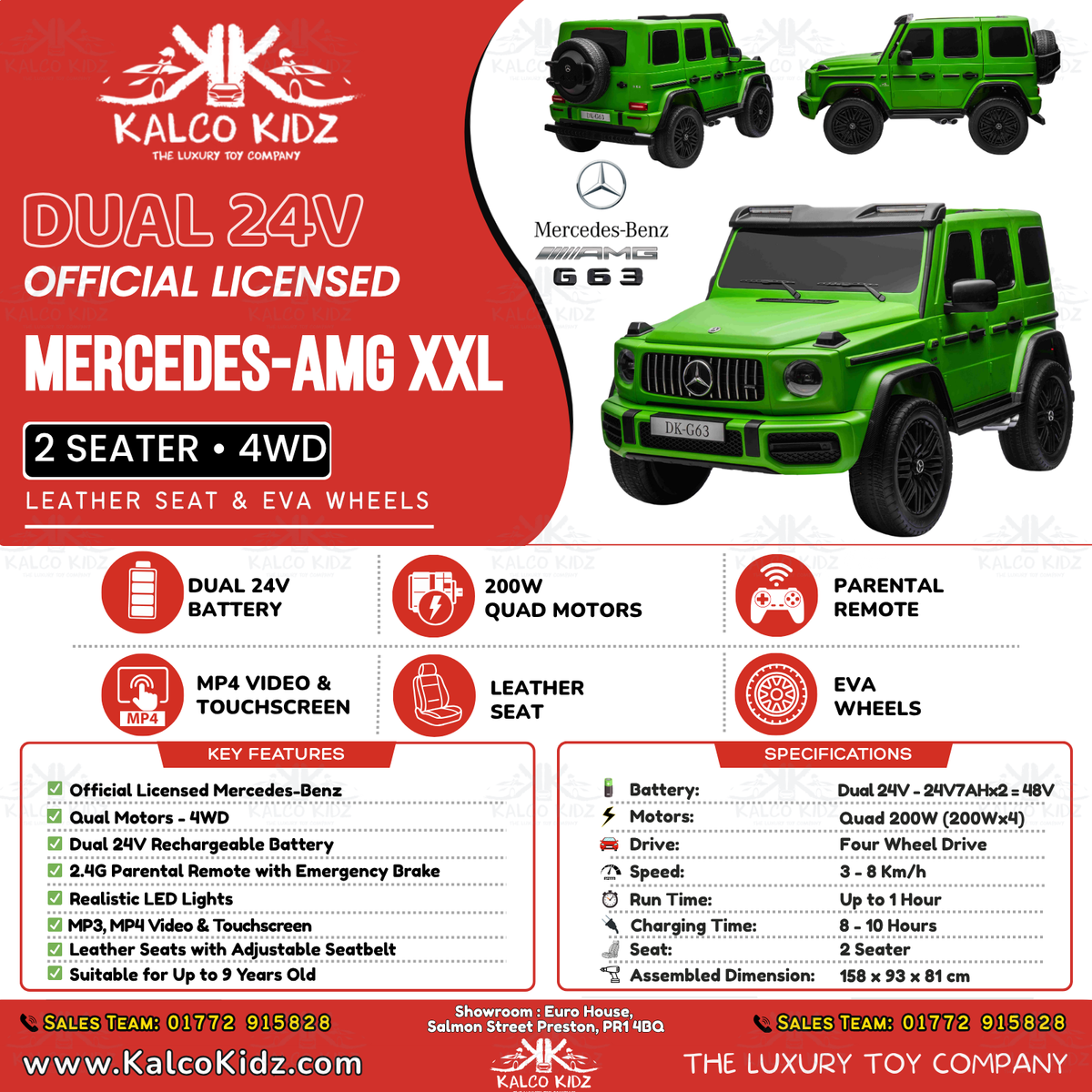 MERCEDES G63 AMG XXL - Matte Green | Dual 24V | 2 Seat | Removable Tablet | Leather Seat | RC