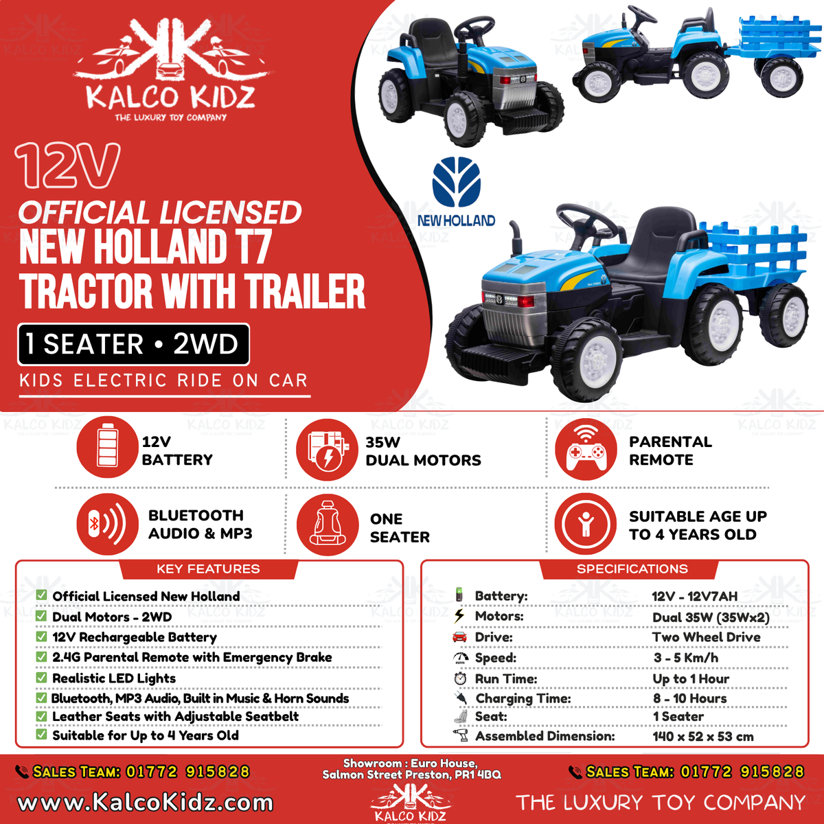 MX T7 Tractor with Trailer - Blue | 12V Bluetooth Audio