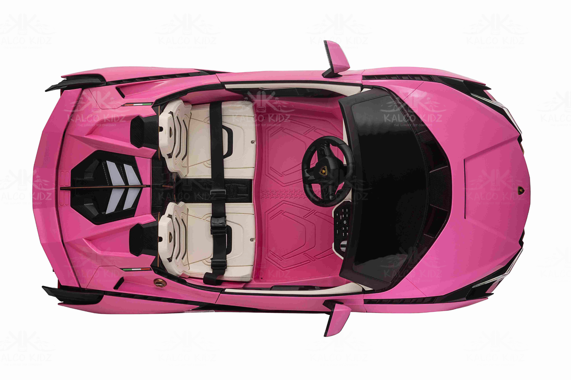 Top-down view of a kids ride on car Pink Lamborghini SIAN with black interior on a white background