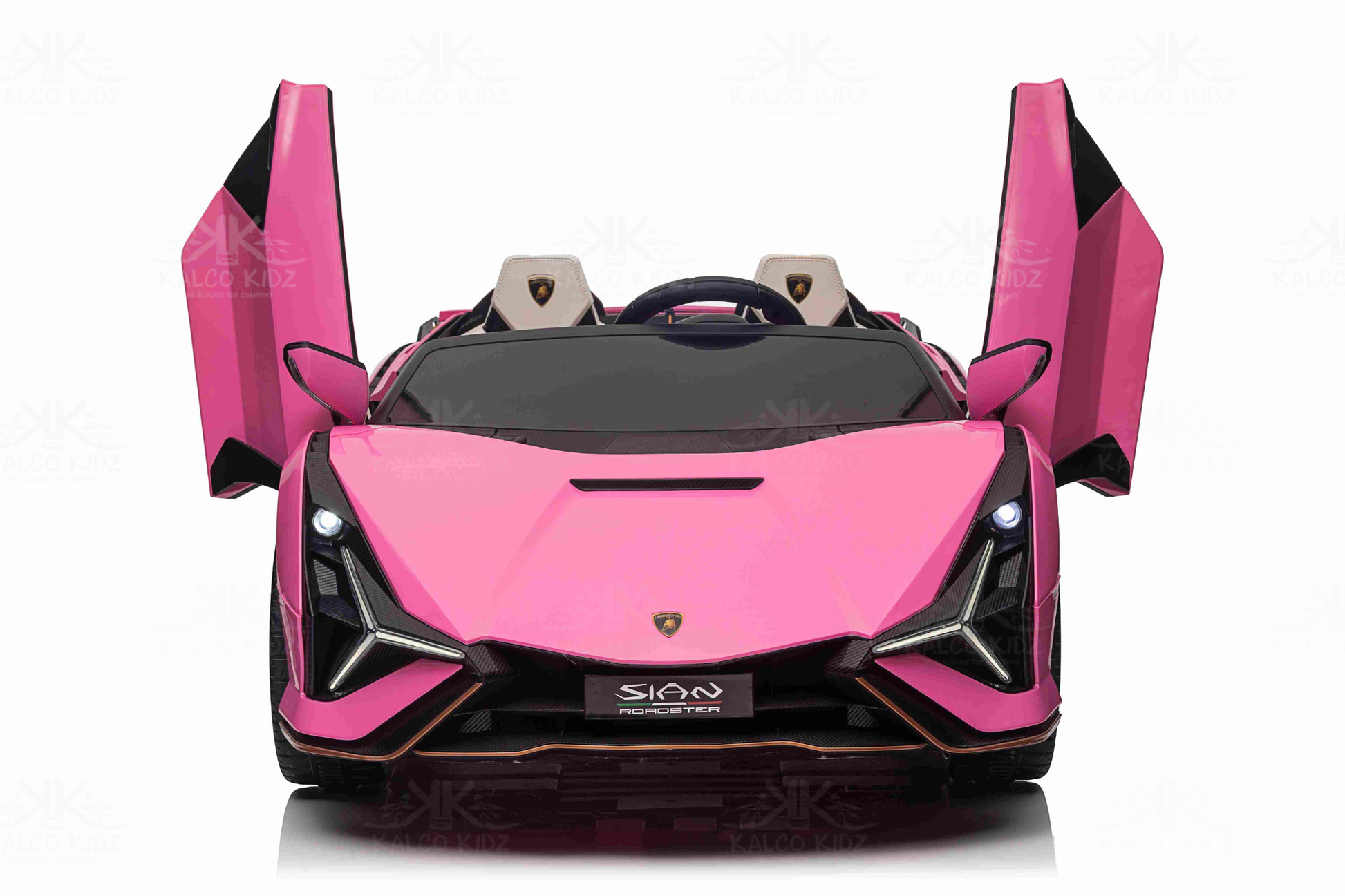 Pink Lamborghini Sian toy car with open doors on a white background