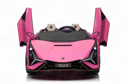 Pink Lamborghini Sian toy car with open doors on a white background