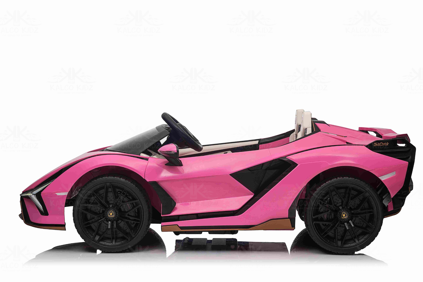 Pink toy car with black wheels on a white background