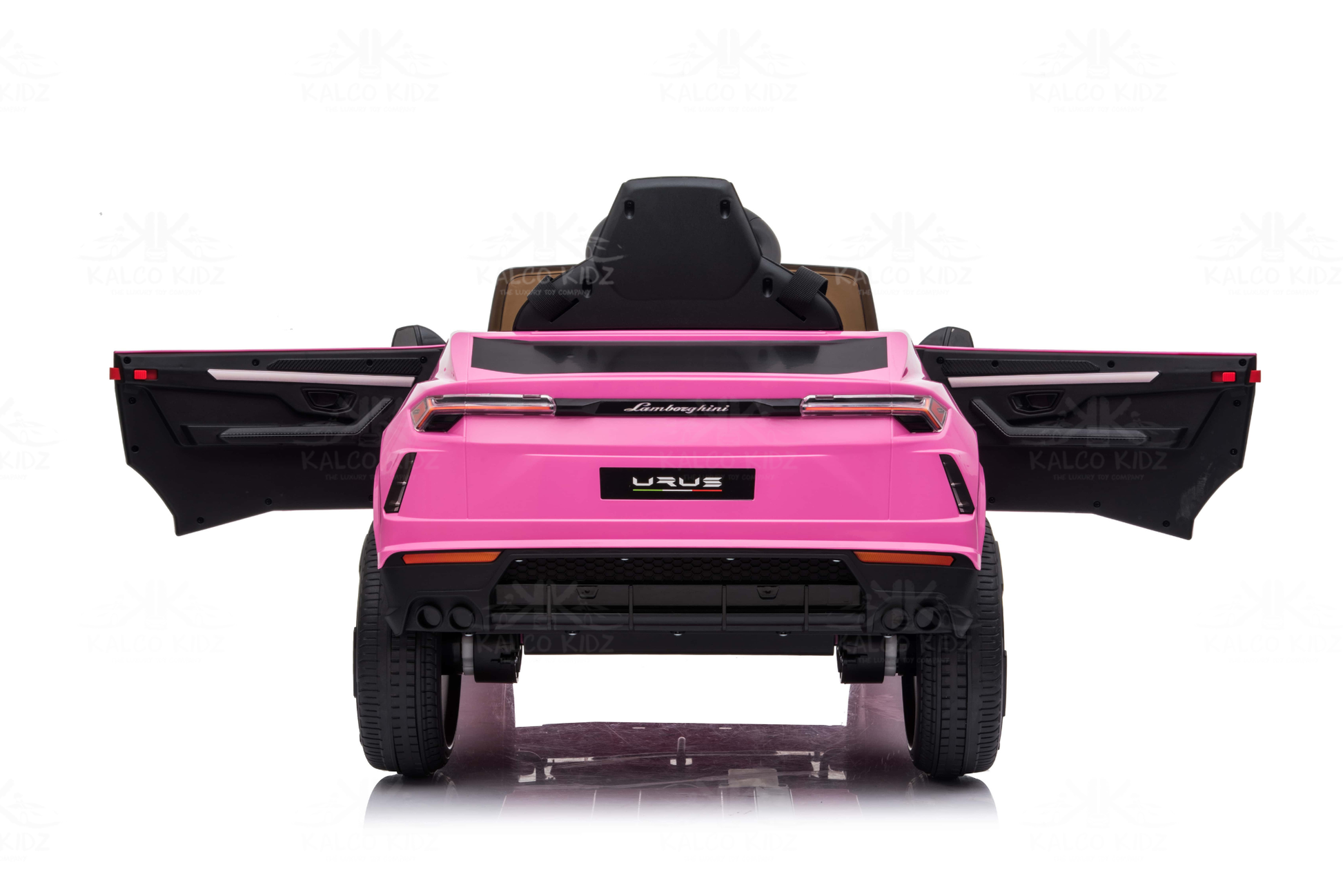 Pink Lamborghini Urus Back View Open Door with black accents on a white background
