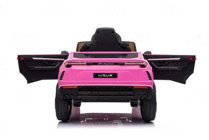 Pink Lamborghini Urus Back View Open Door with black accents on a white background