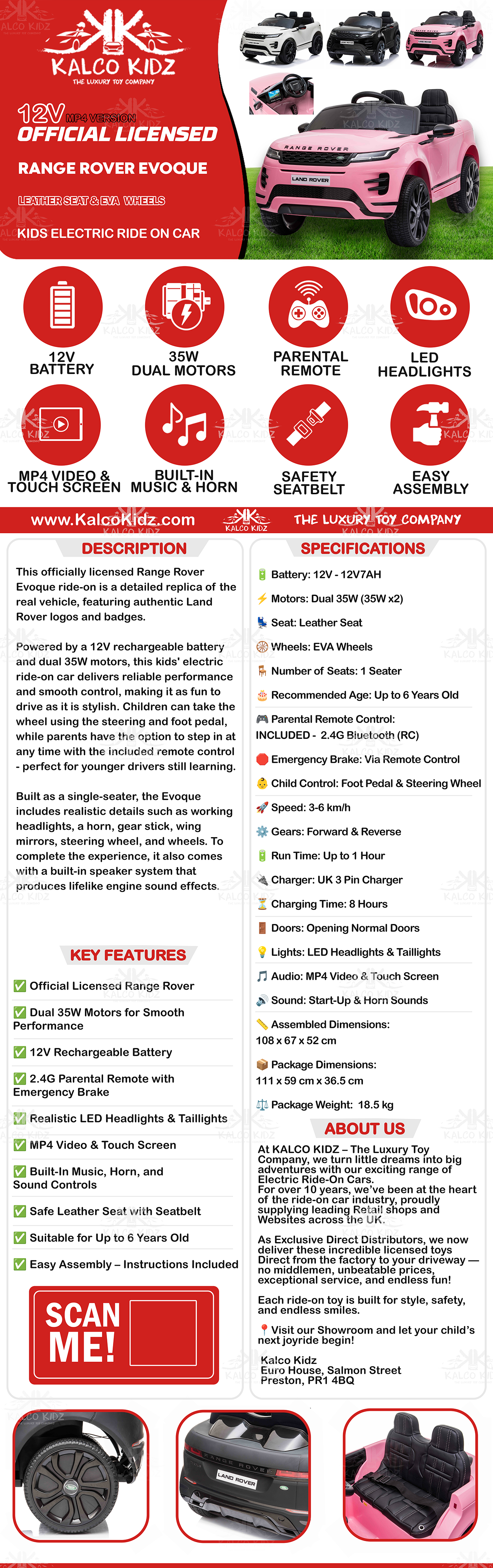 RANGE ROVER EVOQUE - White | 12V | MP4 | Leather Seat | EVA Wheels | RC