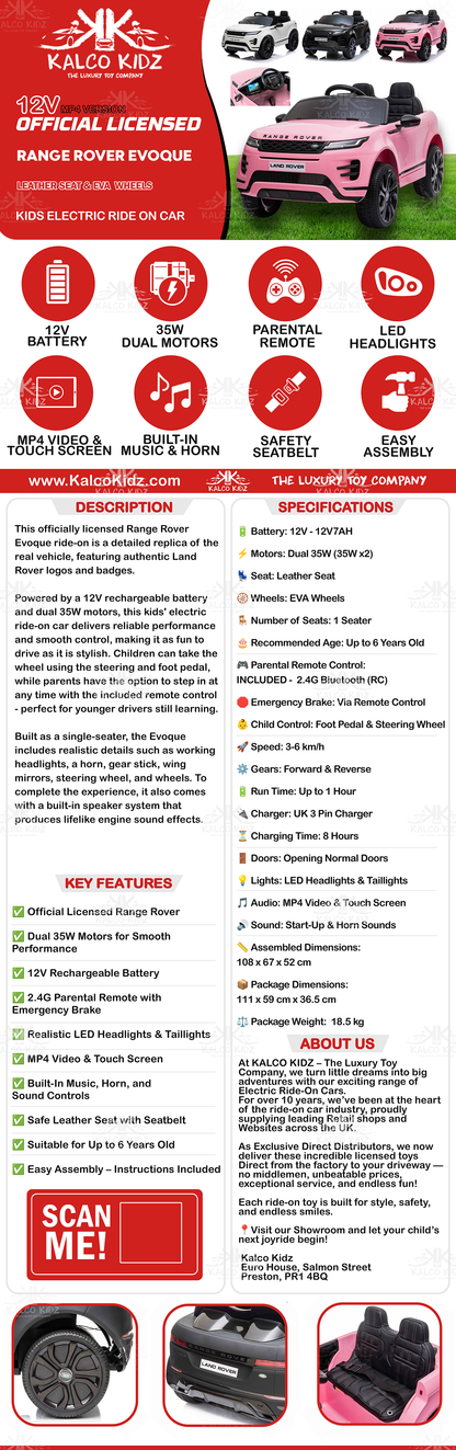 RANGE ROVER EVOQUE - White | 12V | MP4 | Leather Seat | EVA Wheels | RC