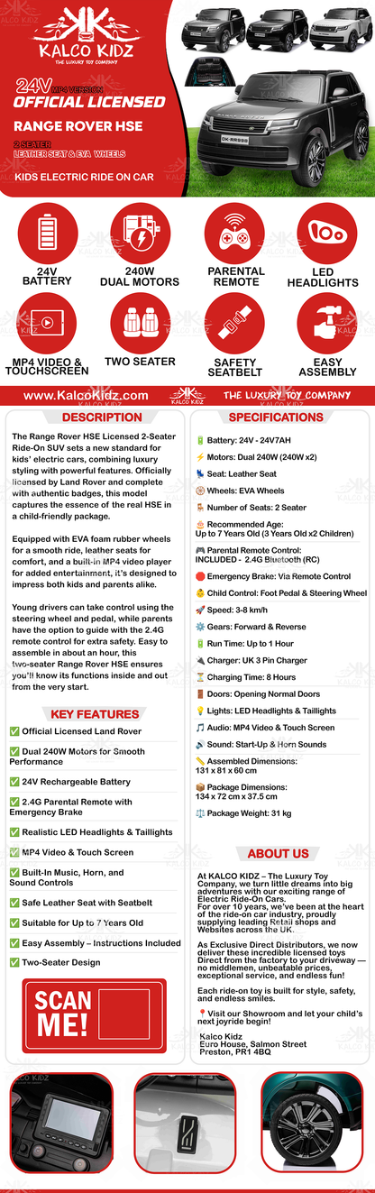 RANGE ROVER - Paint Grey | 24V | 2 Seater | MP4 | Leather Seat | EVA Wheel | RC