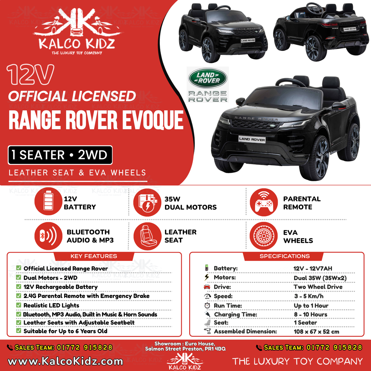 RANGE ROVER EVOQUE - Black | 12V | Leather Seat | EVA Wheels | RC
