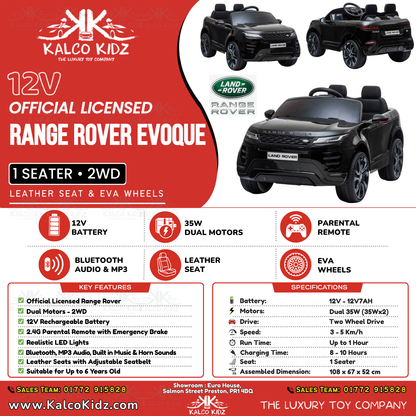 RANGE ROVER EVOQUE - Black | 12V | Leather Seat | EVA Wheels | RC