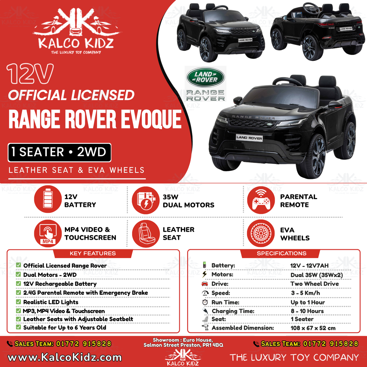 RANGE ROVER EVOQUE - Black | 12V | MP4 | Leather Seat | EVA Wheels | RC