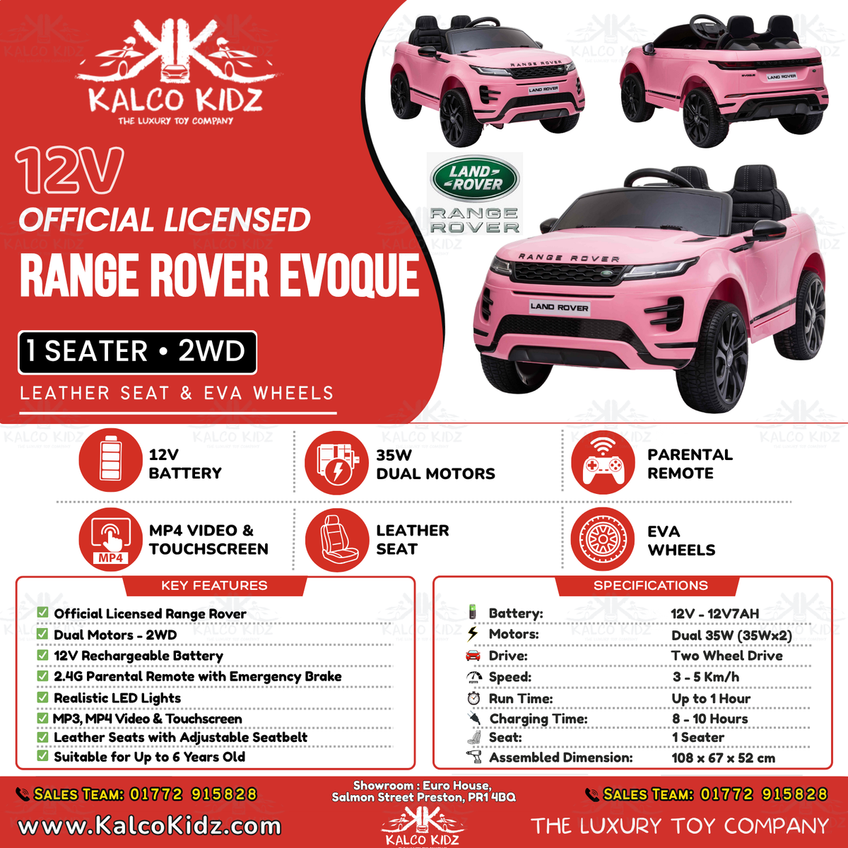RANGE ROVER EVOQUE - Pink | 12V | MP4 | Leather Seat | EVA Wheels | RC