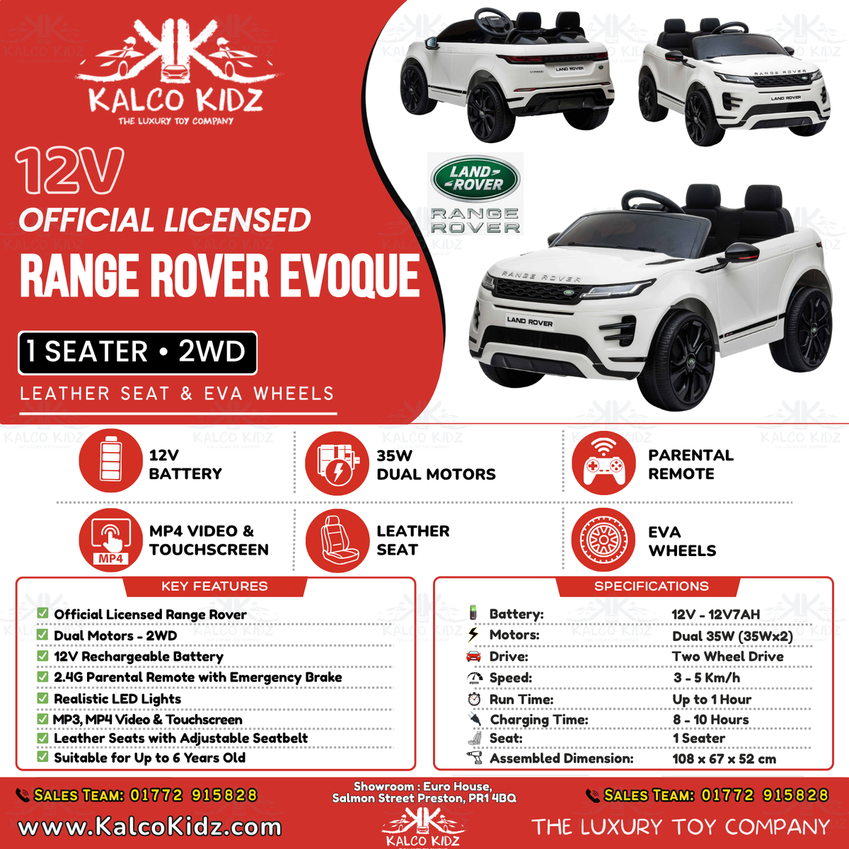 RANGE ROVER EVOQUE - White | 12V | MP4 | Leather Seat | EVA Wheels | RC