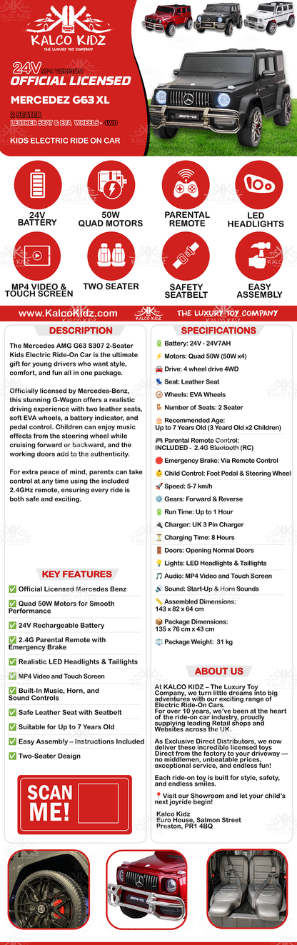 MERCEDES G63 AMG - Metallic Red | 24V | 2 Seater | MP4 | Leather Seat | EVA Wheels | RC