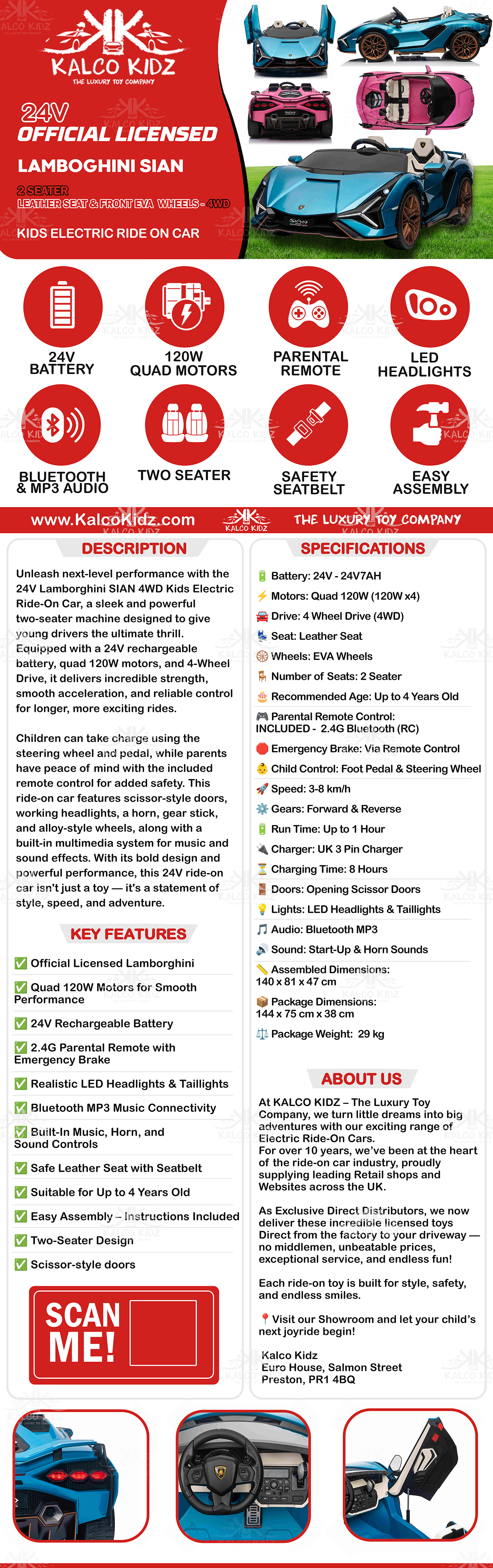 LAMBORGHINI SIAN - Pink | 24V | 2 Seater | Leather Seat | EVA Wheels