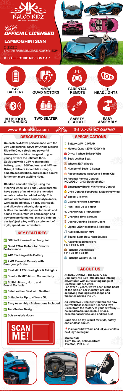 LAMBORGHINI SIAN - Pink | 24V | 2 Seater | Leather Seat | EVA Wheels