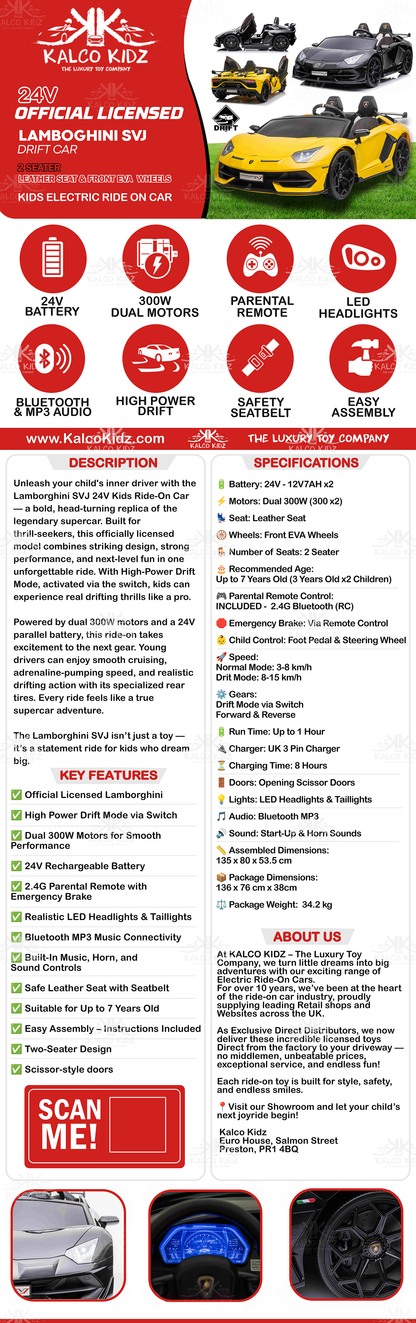 LAMBORGHINI SVJ DRIFT - Black | 24V | High Power | Leather Seat | RC