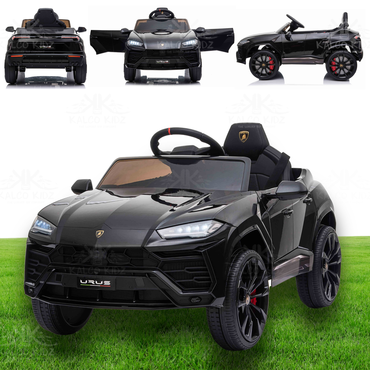Black Lamborghini Urus toy car on grass with multiple views of the same car.