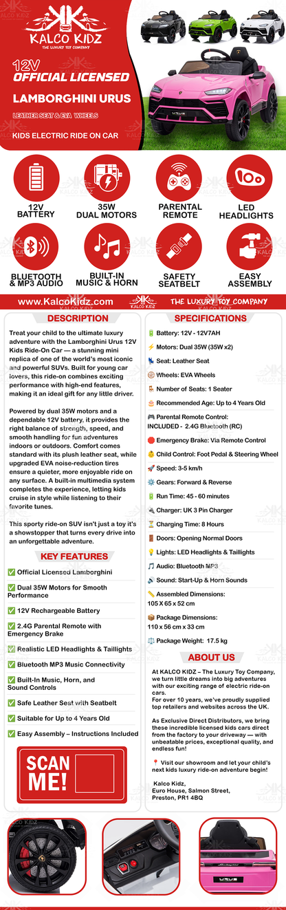 LAMBORGHINI URUS - Black | 12V | Leather Seat | EVA Wheels | RC